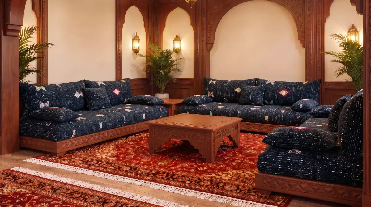 Salon marocain traditionnel anthracite, banquettes basses et tapis rouge