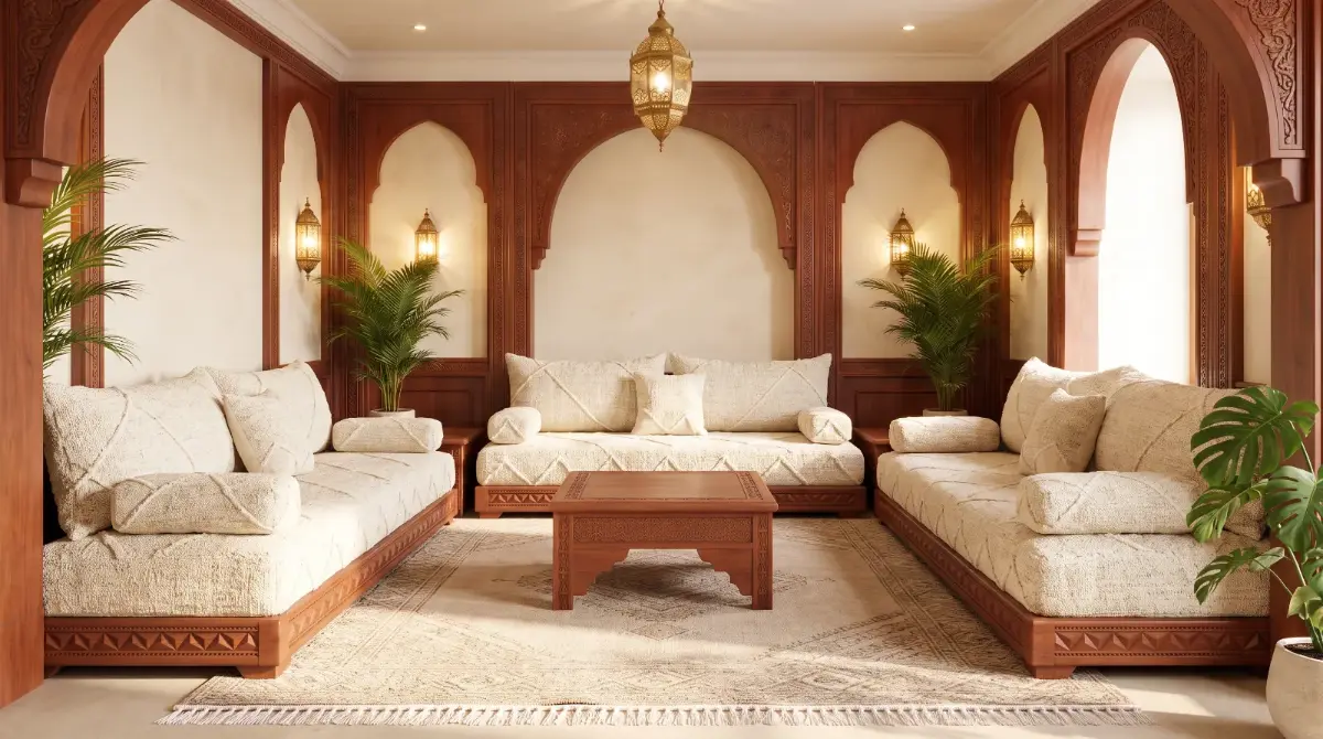 Salon marocain crème à motifs losanges, ambiance lumineuse