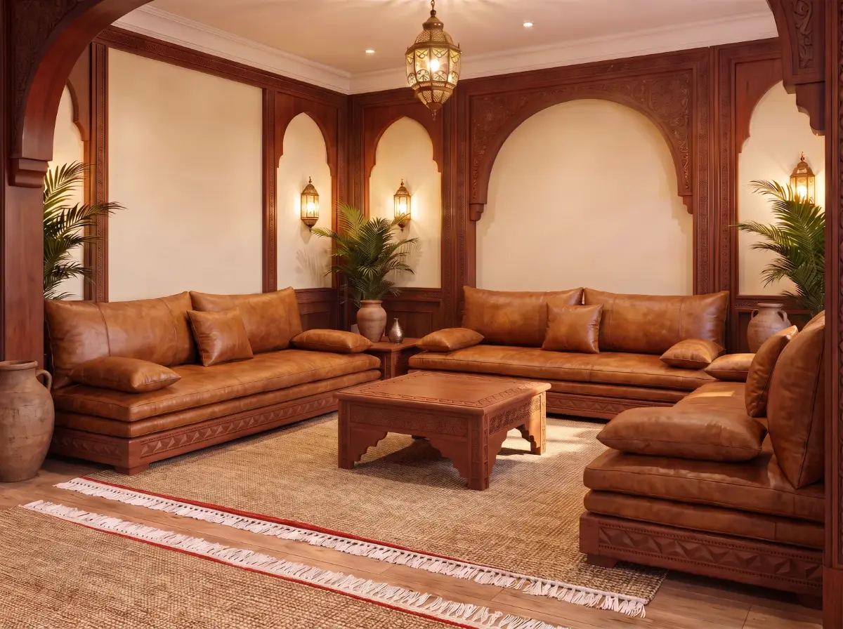 Salon marocain en cuir cognac avec table basse en bois