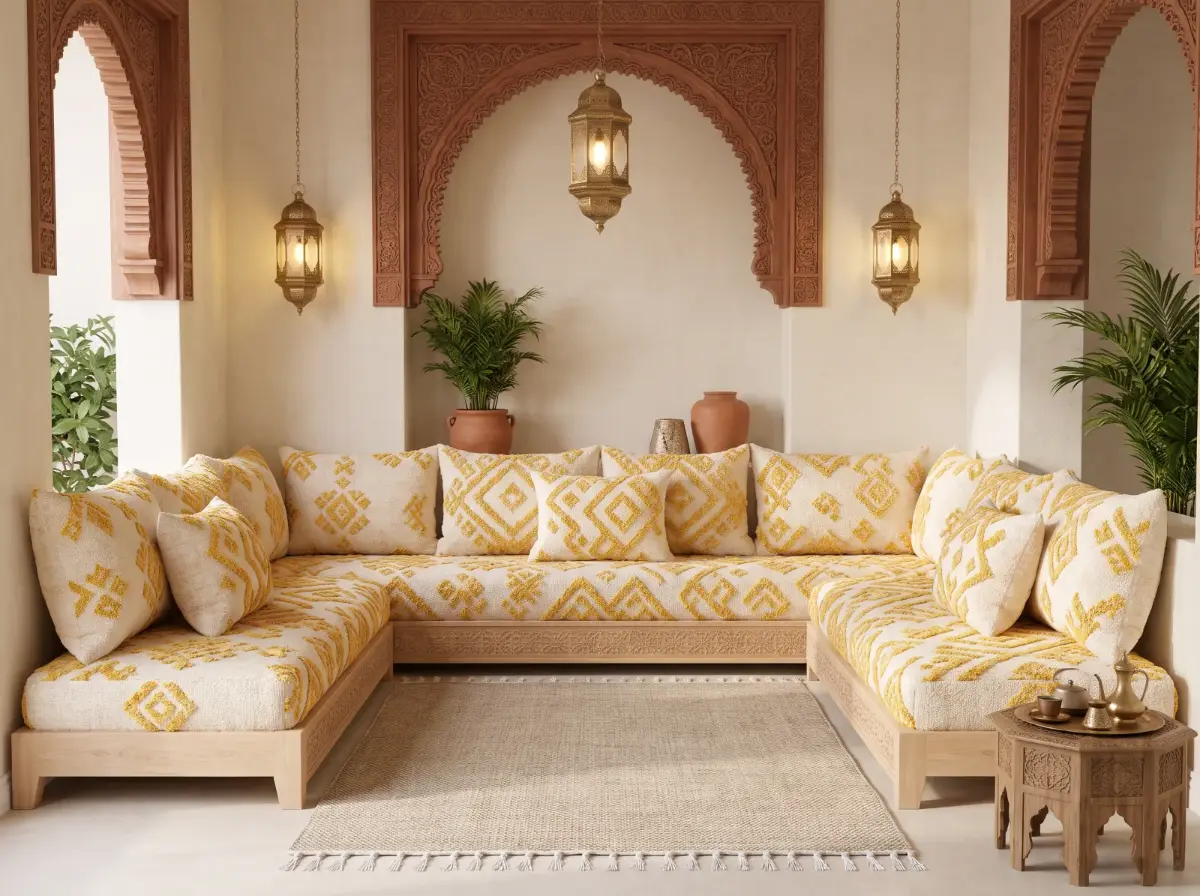 Salon marocain en angle ivoire et moutarde