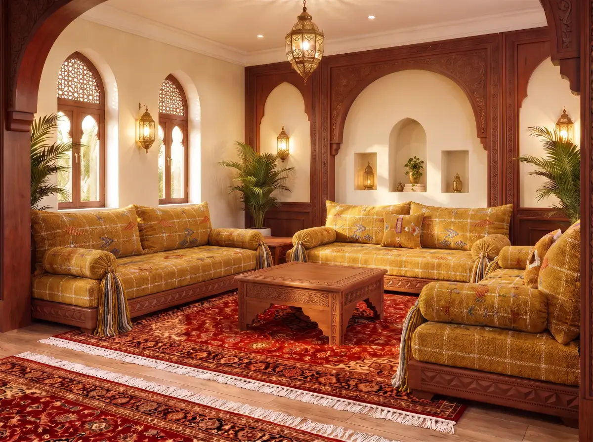Salon marocain moutarde à motifs quadrillés, tapis rouge