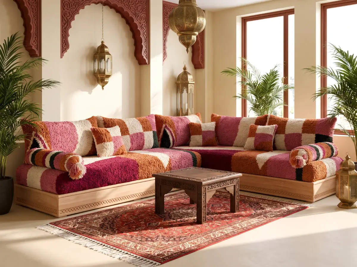 Salon marocain rose et terracotta vu en angle