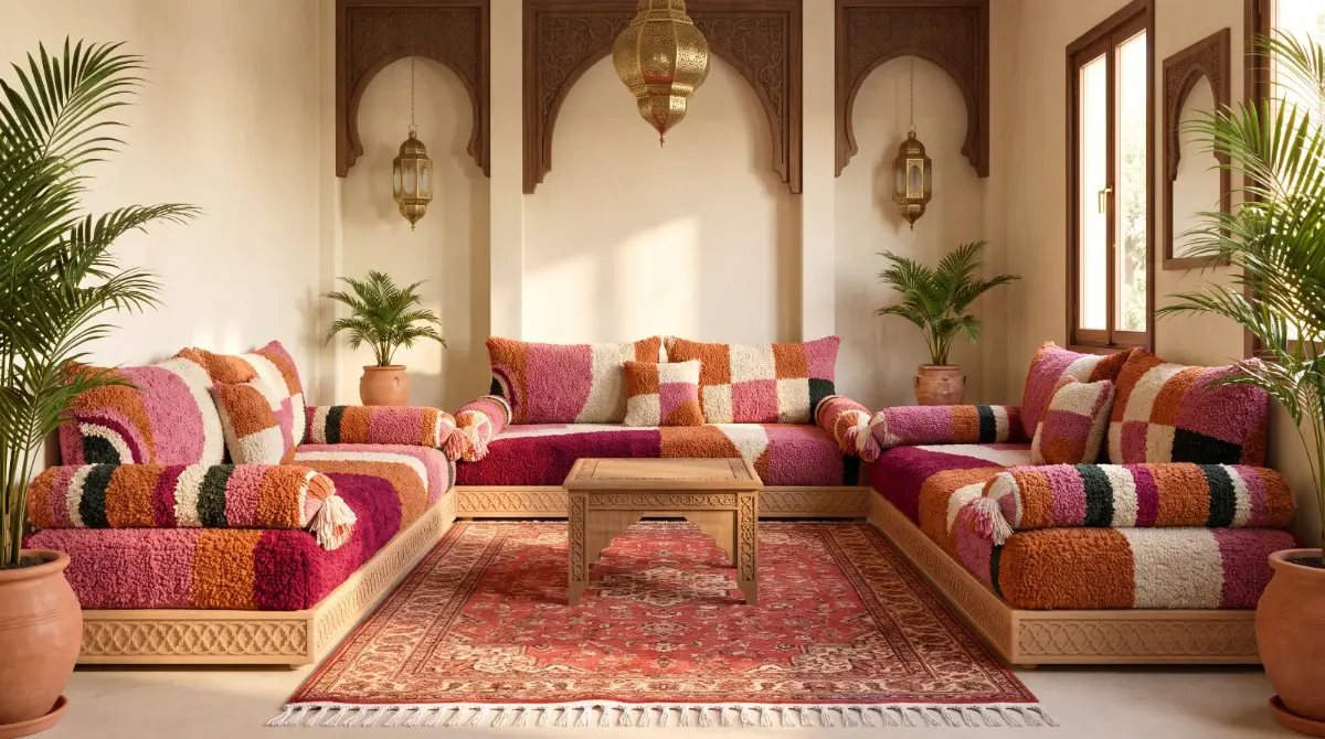 Salon marocain rose et terracotta, vue de face
