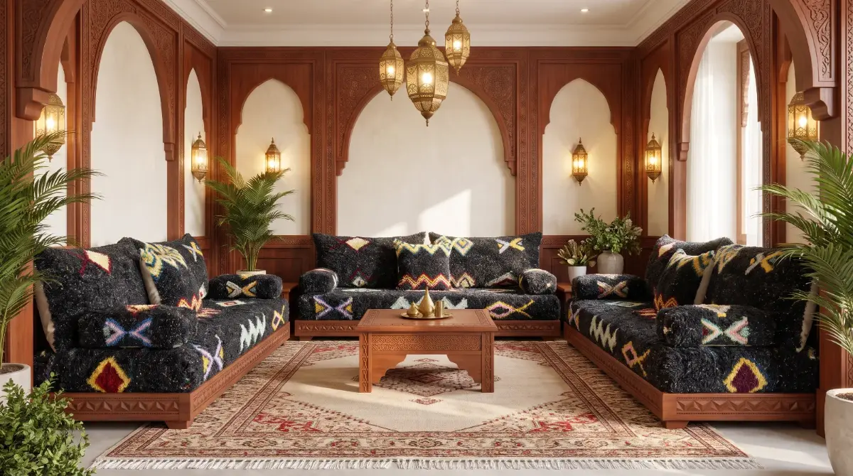 Salon marocain noir à motifs berbères, lanternes en laiton