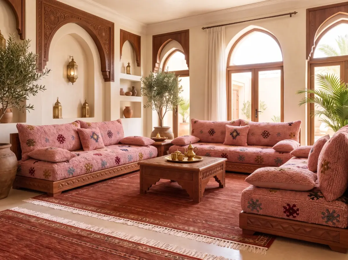Salon marocain vieux rose avec grandes fenêtres